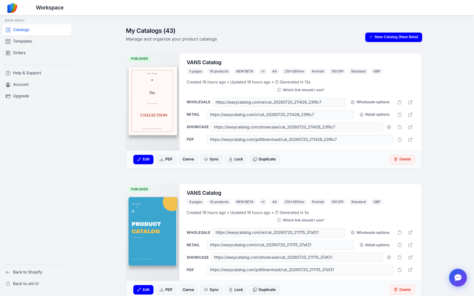 EasyCatalogs workspace with the New Catalog (New Beta) button