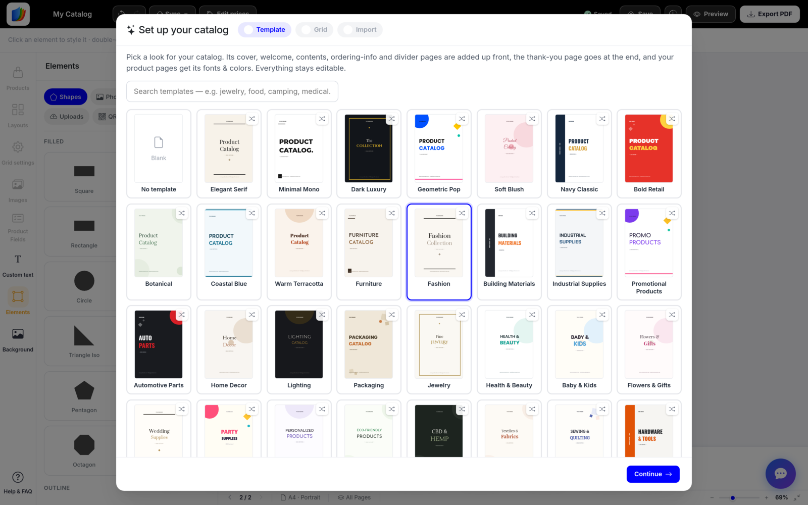 Setup wizard template gallery with the Fashion template selected