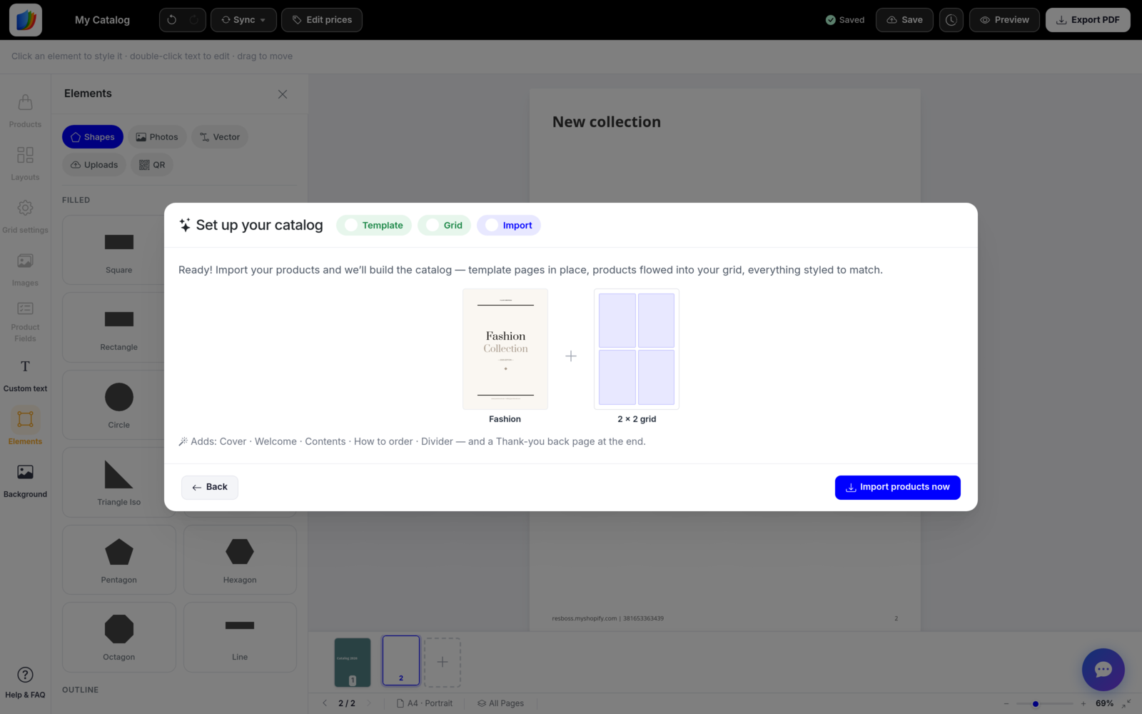 Wizard summary showing Fashion template plus 2x2 grid before import