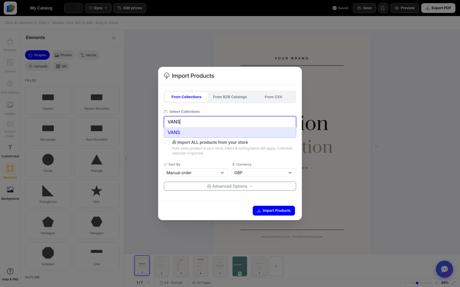 Import Products dialog searching for the VANS collection