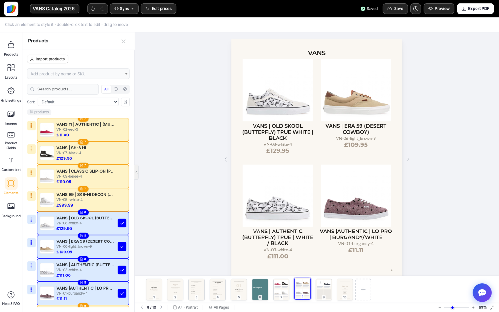 A 2x2 product page with four VANS sneakers in the editor