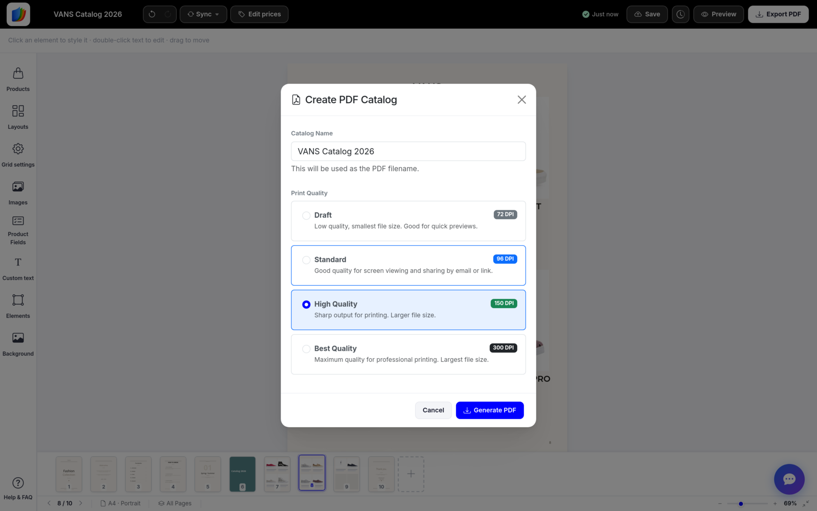 Create PDF Catalog dialog with quality options from 72 to 300 DPI