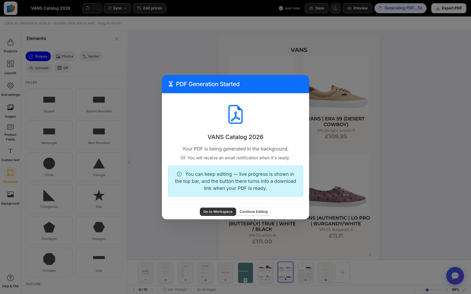 PDF Generation Started dialog with background progress