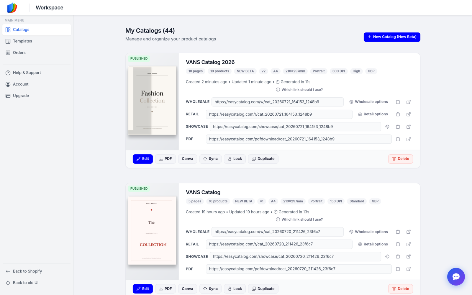 Workspace card of the published catalog with wholesale, retail, showcase, and PDF links