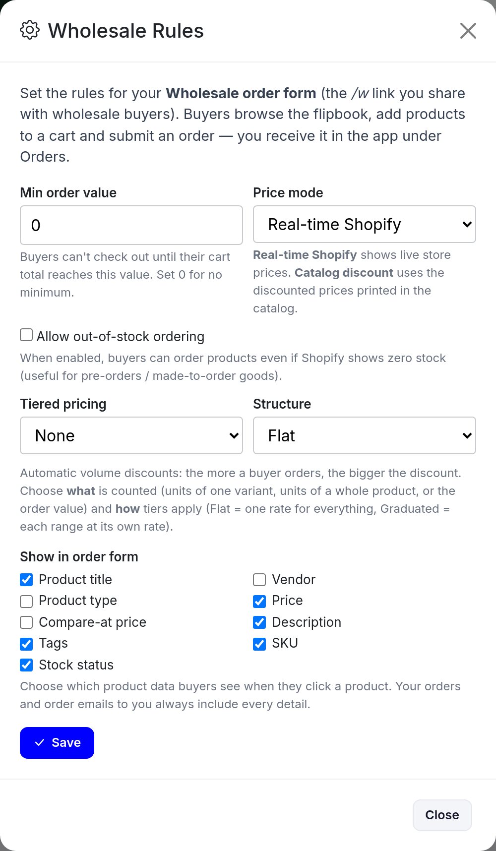 The Wholesale Rules window: Min order value, Price mode, Allow out-of-stock ordering, Tiered pricing and Structure, and Show in order form with checkboxes for product title, vendor, product type, price, compare-at price, description, tags, SKU and stock status.