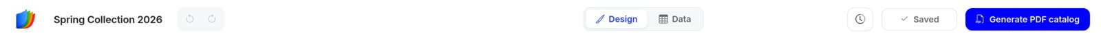 Left half of the top bar: logo, catalog name Spring Collection 2026 and the undo and redo arrows.