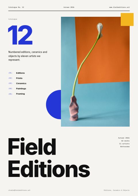 Art gallery catalog cover with a large blue issue number, bold black title and a flower stem in a pink ceramic vase