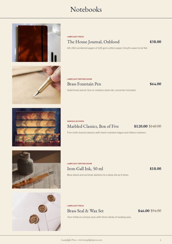 Books & Stationery — product page, Line sheet