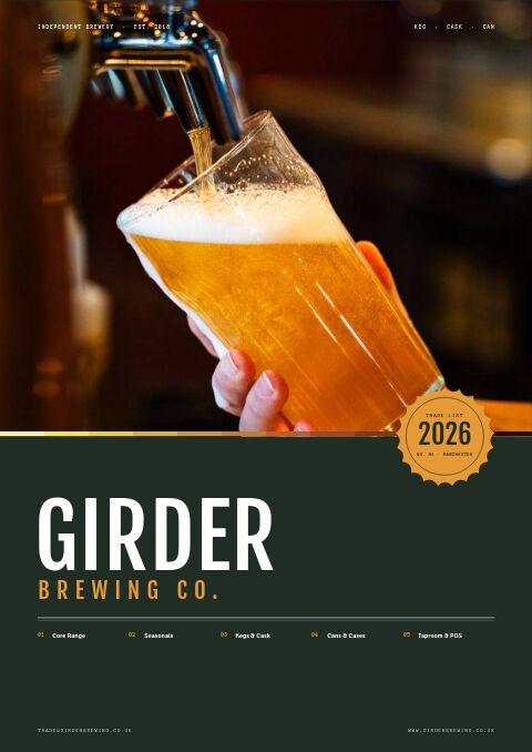 Brewery catalog cover: golden lager poured from a tap above a dark green band with a cap-shaped 2026 badge