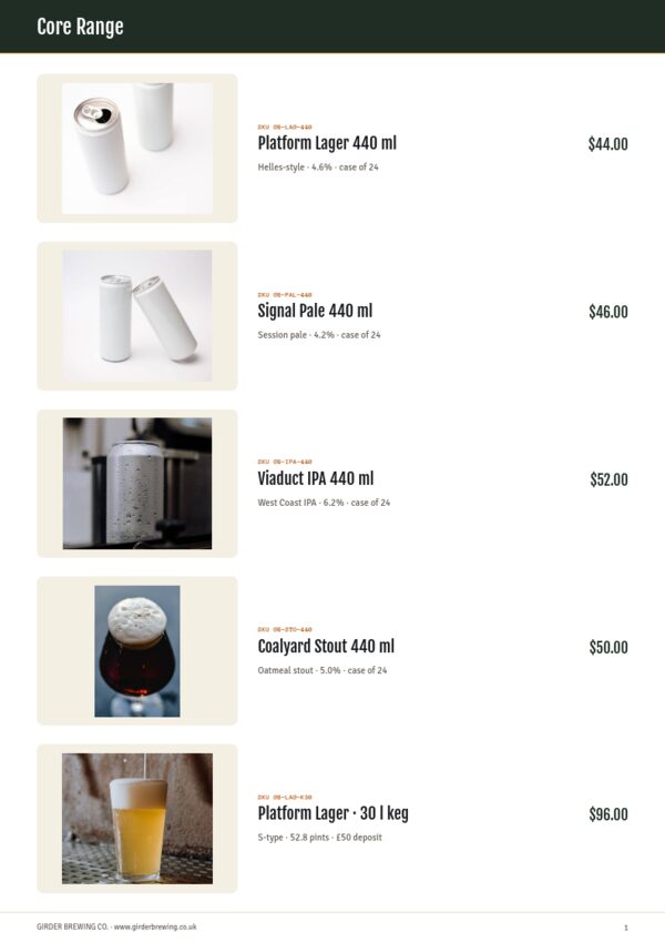 Brewery & Craft Beer — product page, Line sheet