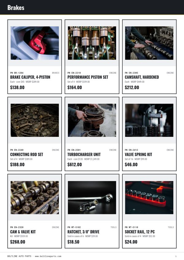 Automotive Parts Catalog — product page, 3 × 3 grid