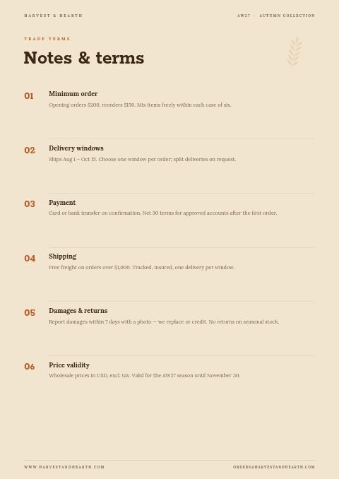 Autumn Collection — Notes / Terms page