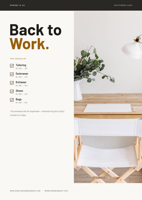 Back to Work catalog cover with a bold title, a ticked checklist of five categories and a photo of a desk with a lamp