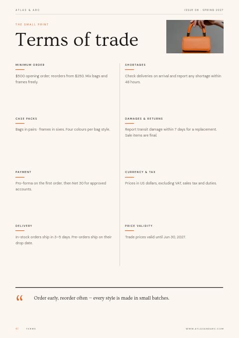 Bags & Accessories Catalog — Notes / Terms page