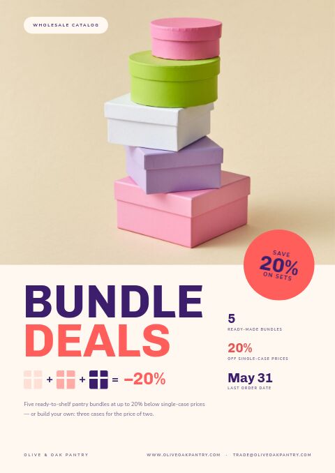 Bundle deals catalog cover with stacked pastel gift boxes, a coral save-20% badge and BUNDLE DEALS in purple and coral
