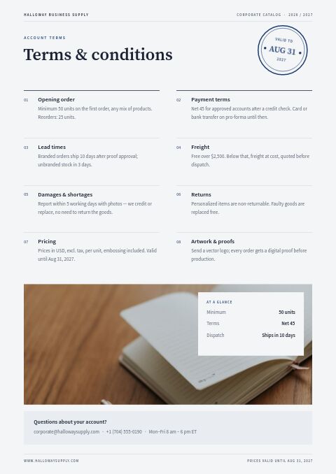 Corporate Catalog — Notes / Terms page