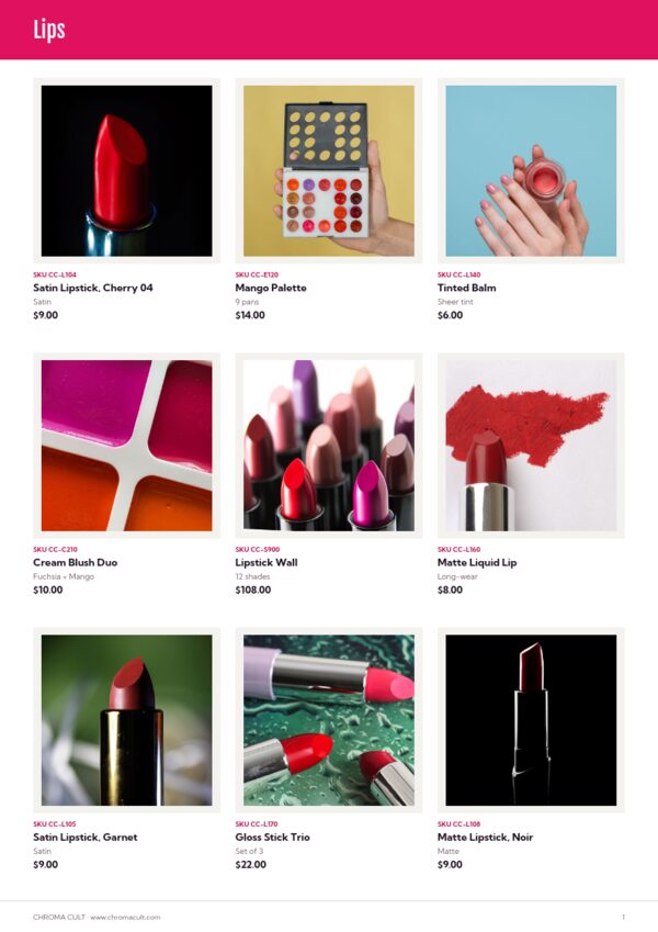 Cosmetics Catalog — product page, 3 × 3 grid
