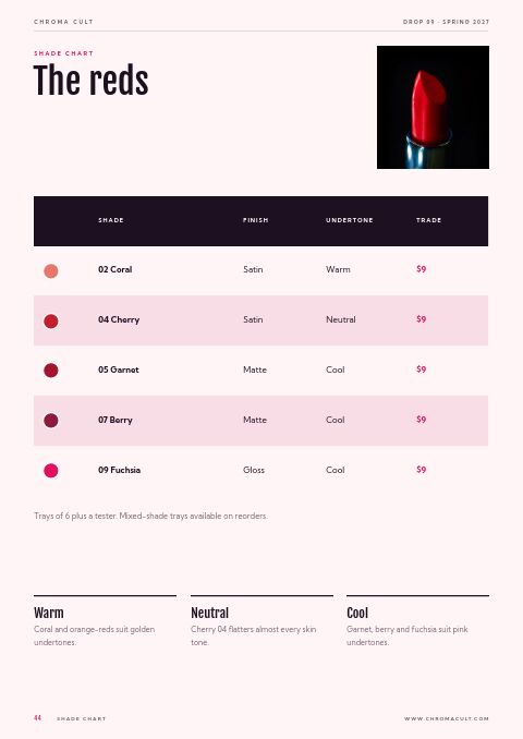 Cosmetics Catalog — Size / Spec Guide page