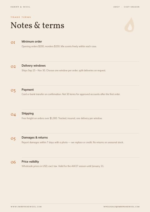 Cozy Season — Notes / Terms page