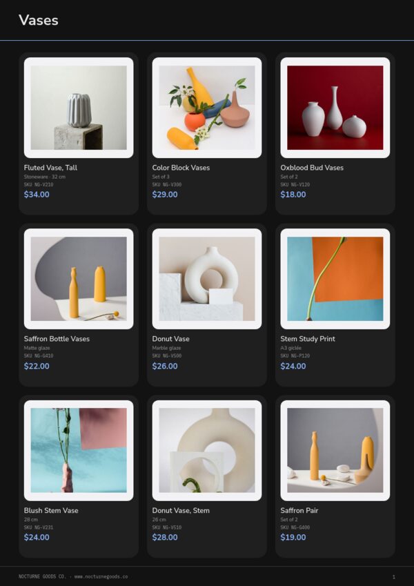 Dark Mode Catalog — product page, 3 × 3 grid