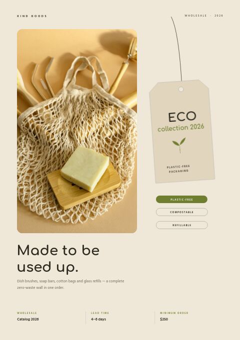 Eco collection catalog cover in beige: a cotton mesh bag with a soap bar, a hanging kraft tag, three olive pill labels