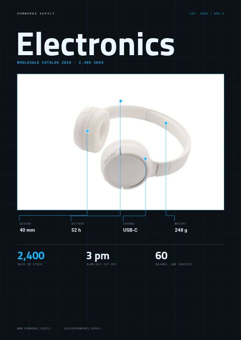 Electronics wholesale catalog cover in dark slate with white headphones, cyan spec callouts and a revision code