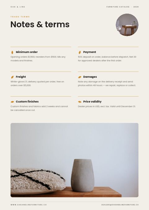 Furniture Catalog — Notes / Terms page