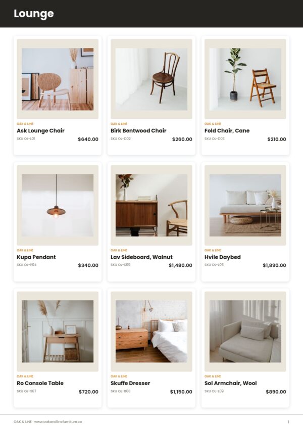 Furniture Catalog — product page, 3 × 3 grid