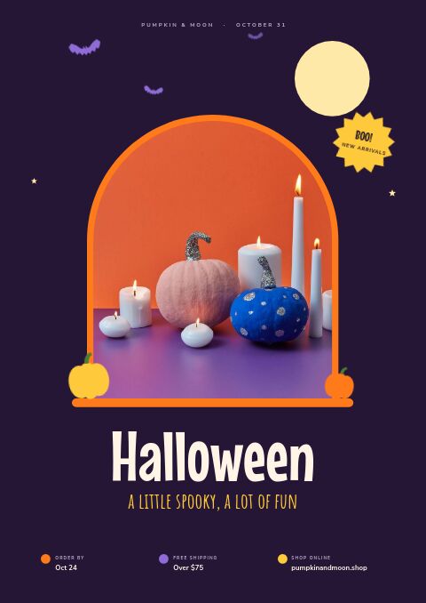 Halloween catalog cover on deep purple with a moon, bats and an orange arch framing painted pumpkins and white candles
