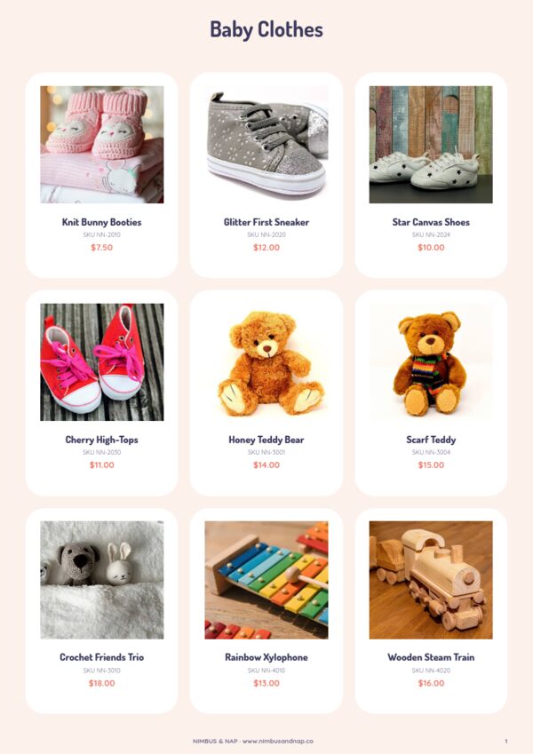 Kids & Baby Catalog — product page, 3 × 3 grid
