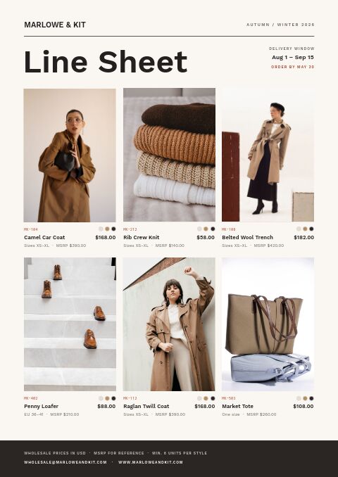 Fashion line sheet cover with six womenswear styles, style numbers, swatches and prices under the delivery window