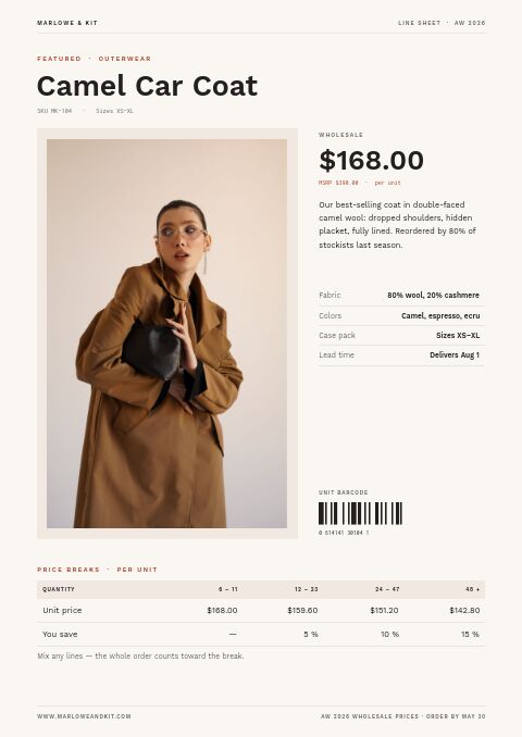 Line Sheet — Featured Product page