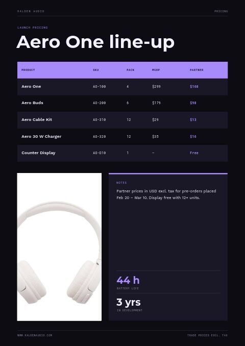Product Launch — Size / Spec Guide page