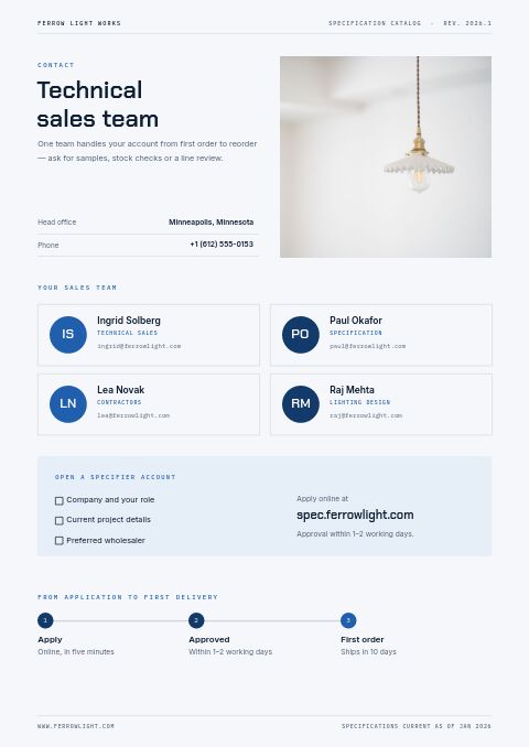 Product Specification Catalog — Contact / Info page