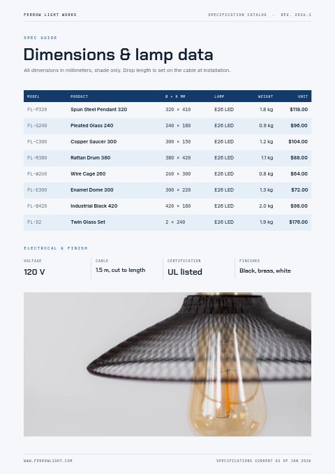 Product Specification Catalog — Size / Spec Guide page