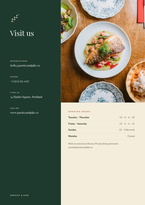 Restaurant Menu — Contact / Info page