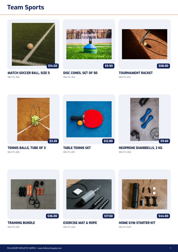 Sports Catalog — product page, 3 × 3 grid