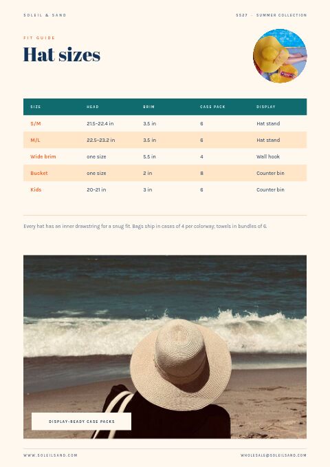 Summer Collection — Size / Spec Guide page