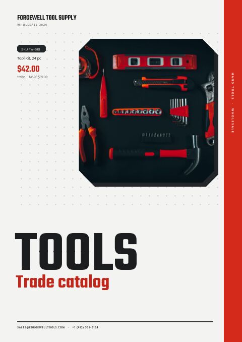 Tools trade catalog cover: red-handled hand tools on a dark surface, a priced kit tag and large TOOLS lettering