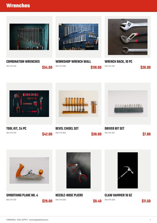 Tools Catalog — product page, 3 × 3 grid