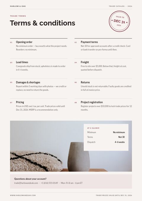 Trade Catalog — Notes / Terms page