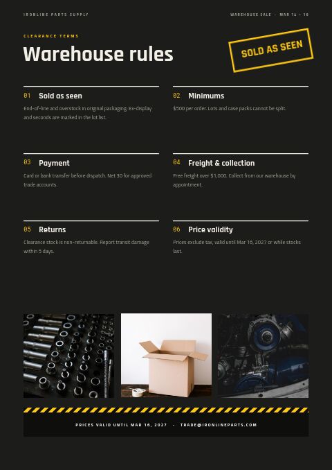 Warehouse Sale — Notes / Terms page