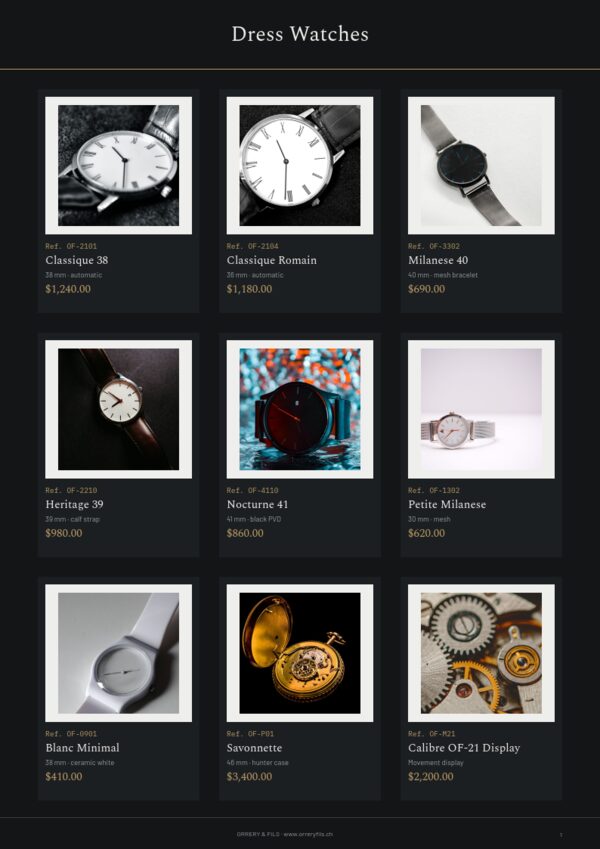 Watches Catalog — product page, 3 × 3 grid