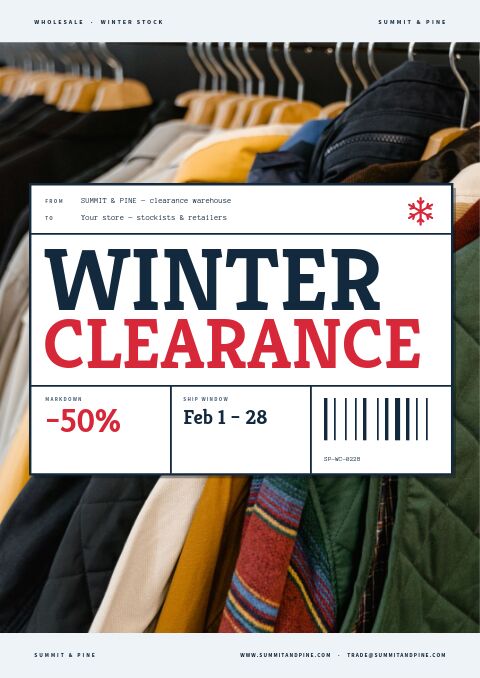 Winter clearance catalog cover: white shipping label with a snowflake and minus 50 percent over jackets on a coat rail