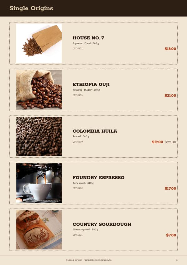 Coffee & Bakery — product page, Line sheet