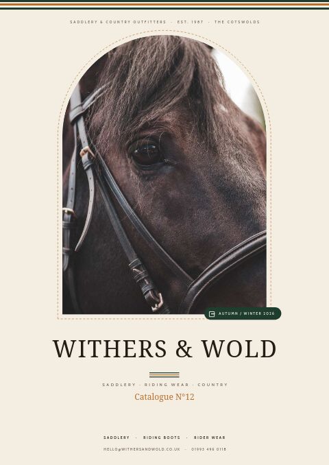 Parchment saddlery catalog cover with an arched photo of a bridled bay horse, listing saddlery, boots and rider wear
