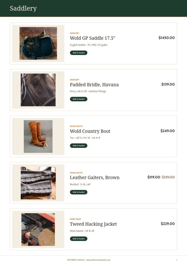 Equestrian & Country — product page, Line sheet