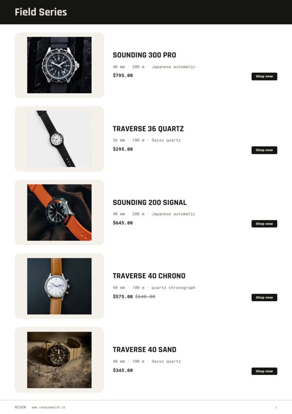 Field & Dive Watches — product page, Line sheet
