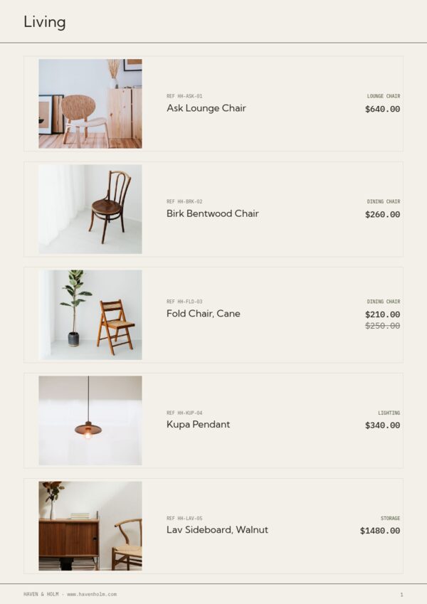 Furniture & Home — product page, Line sheet