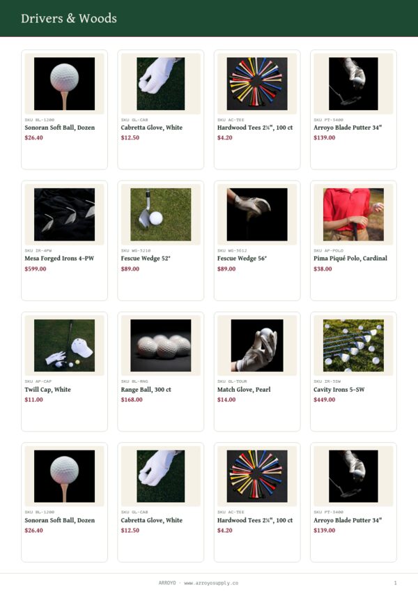 Golf & Club — product page, 4 × 4 grid